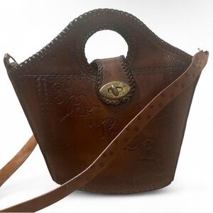 Vintage Hand Tooled Leather Purse Shoulder Strap Bucket Name Shirley Turn Lock